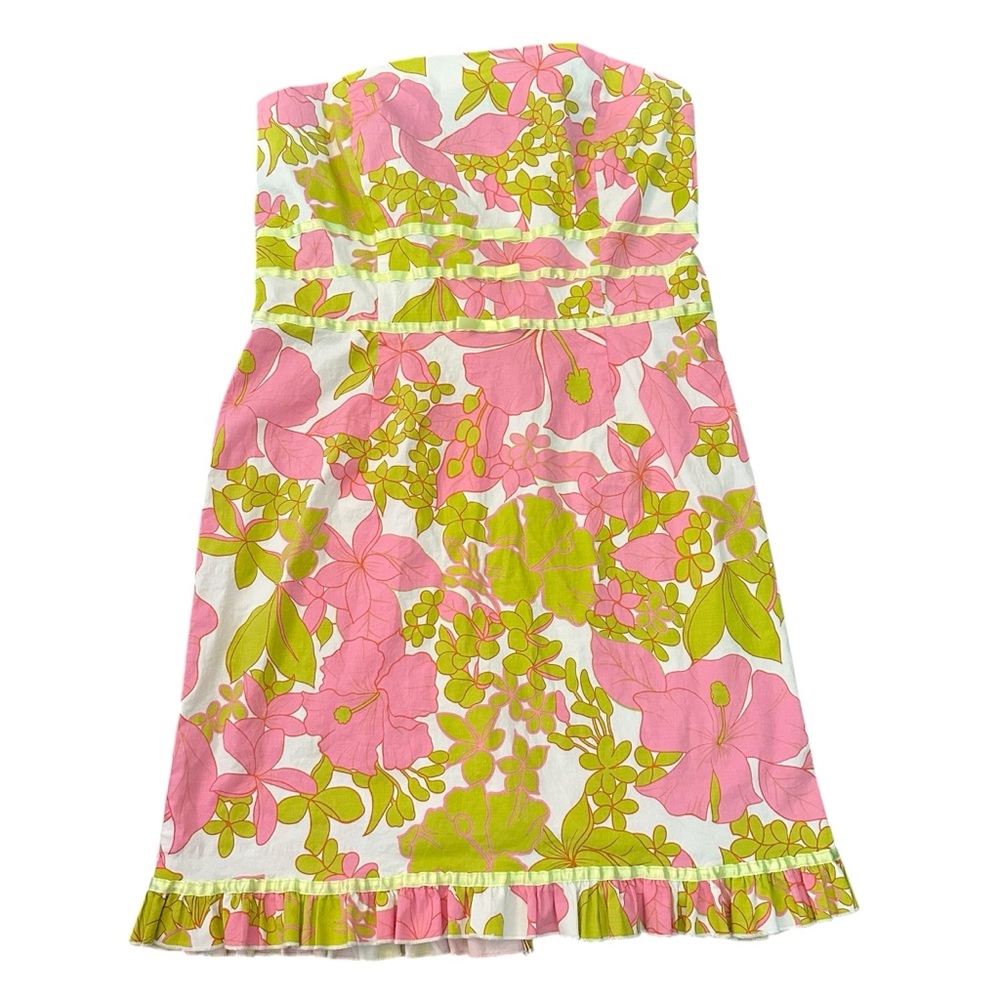 Y2k Pink and green floral print strapless dress with ruffles size 13/14 - Picture 1 of 8